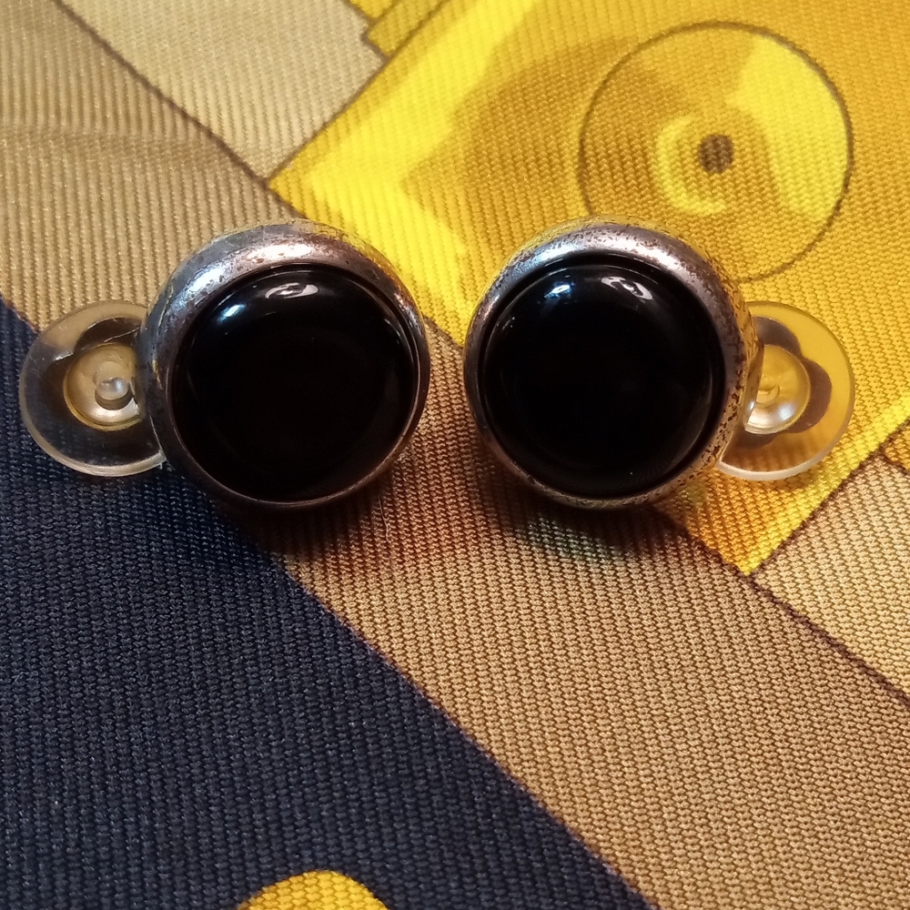 Vintage Chanel Silver Clip Earrings w/ Black Stone - 100% Authentic